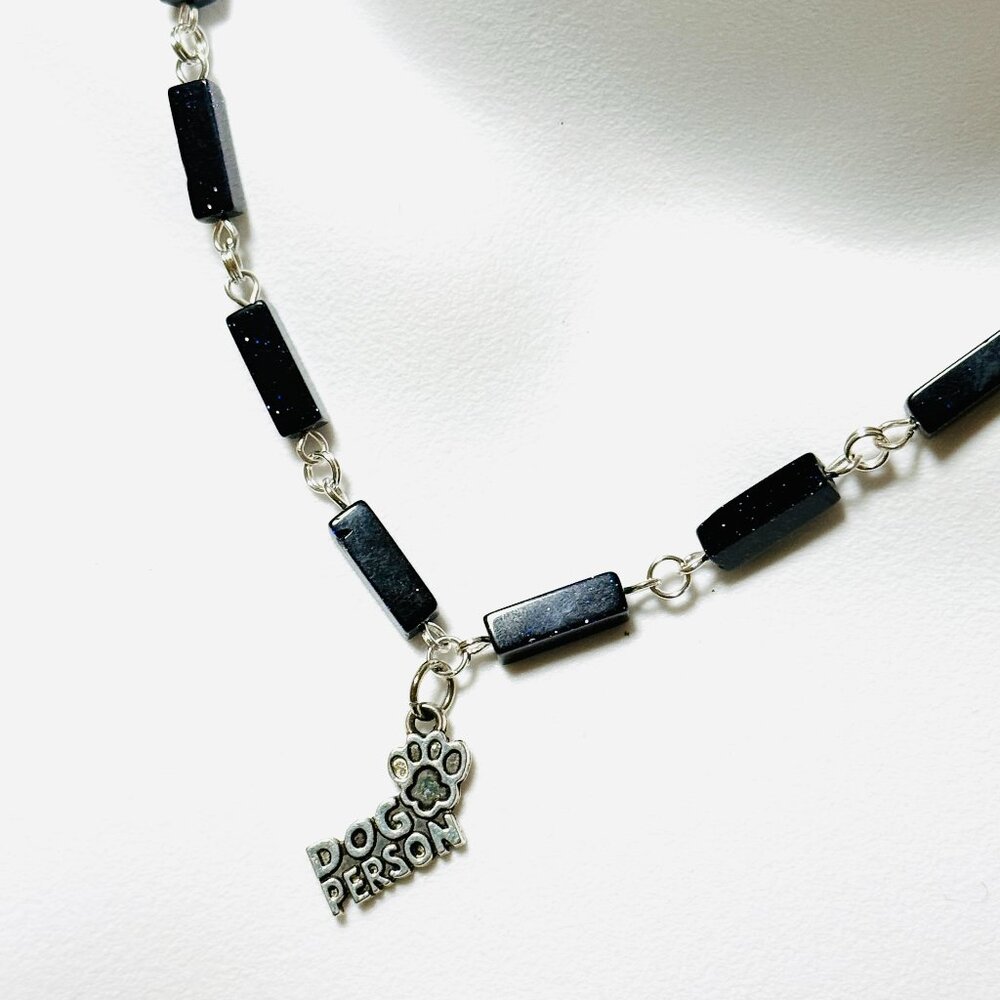 Dark Blue Goldstone Short Necklace w/ Silver Dog Person Paw Print Charm